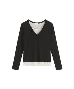 （華奢見えシルエット／レイヤード風♥）   配色ウェーブ レイヤード風 プラケット付きロンT