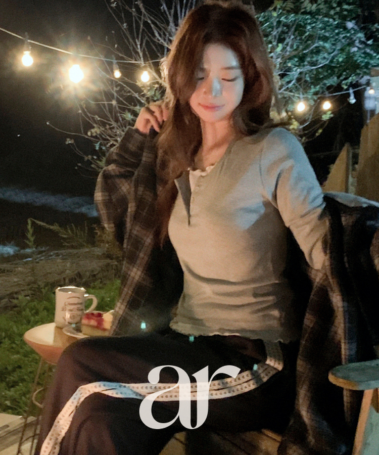 （華奢見えシルエット／レイヤード風♥）   配色ウェーブ レイヤード風 プラケット付きロンT GRAY