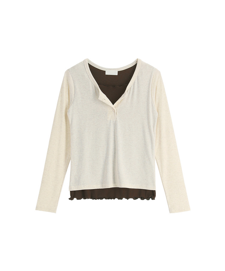 （華奢見えシルエット／レイヤード風♥）   配色ウェーブ レイヤード風 プラケット付きロンT