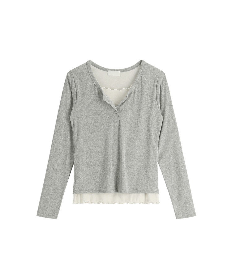 （華奢見えシルエット／レイヤード風♥）   配色ウェーブ レイヤード風 プラケット付きロンT