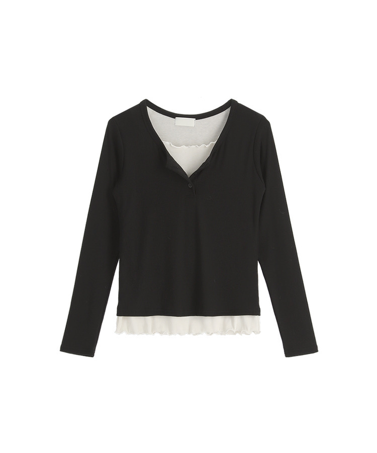 （華奢見えシルエット／レイヤード風♥）   配色ウェーブ レイヤード風 プラケット付きロンT