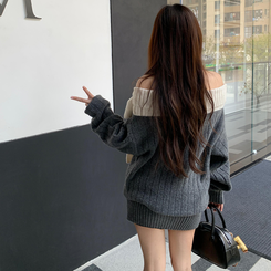 ビッグリボン オフショルダー ニット ワンピース GREY