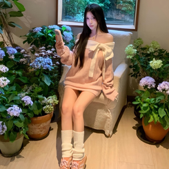 ビッグリボン オフショルダー ニット ワンピース PINK