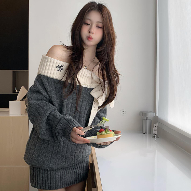 ビッグリボン オフショルダー ニット ワンピース GREY