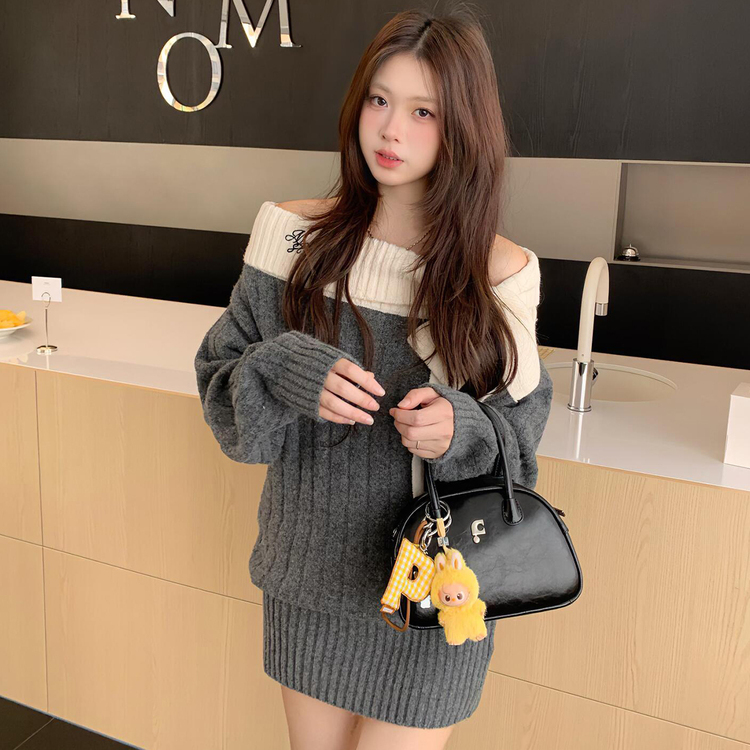 ビッグリボン オフショルダー ニット ワンピース GREY