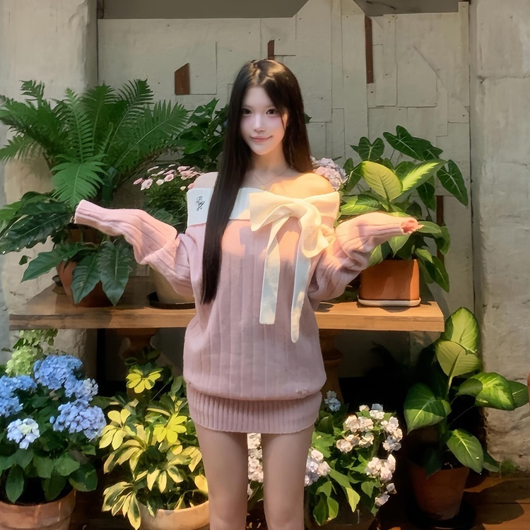 ビッグリボン オフショルダー ニット ワンピース PINK