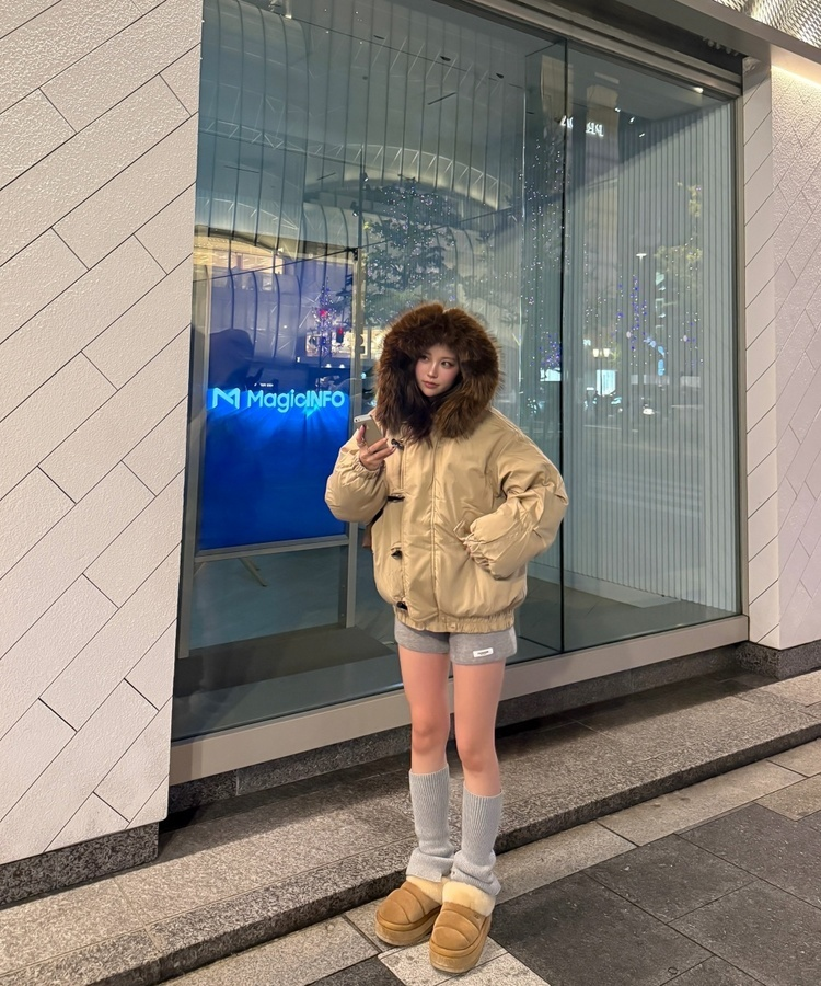 라쿤 양털 후드자켓 털 탈부착 가능 베이지