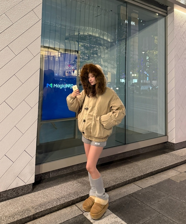 라쿤 양털 후드자켓 털 탈부착 가능 베이지