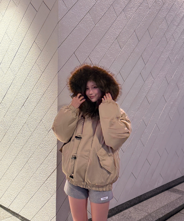 라쿤 양털 후드자켓 털 탈부착 가능 베이지