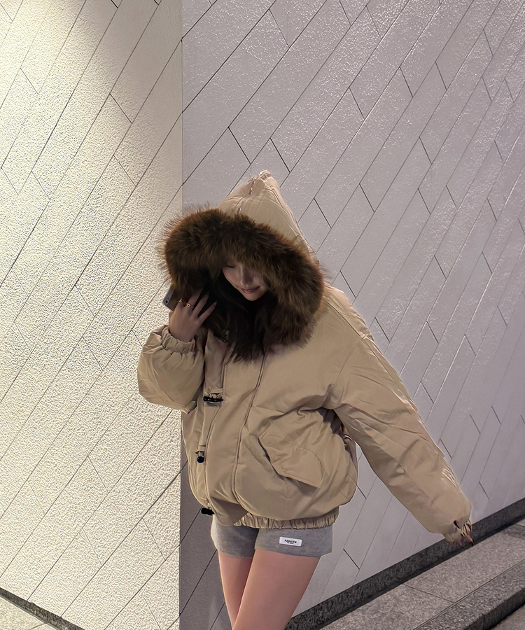 라쿤 양털 후드자켓 털 탈부착 가능 베이지