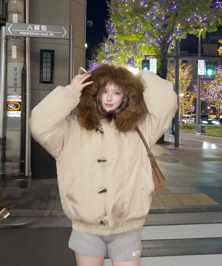 라쿤 양털 후드자켓 털 탈부착 가능 베이지