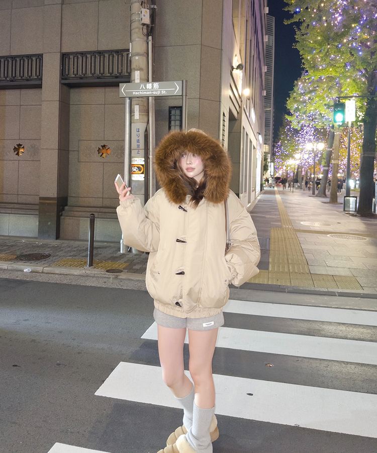 라쿤 양털 후드자켓 털 탈부착 가능 베이지