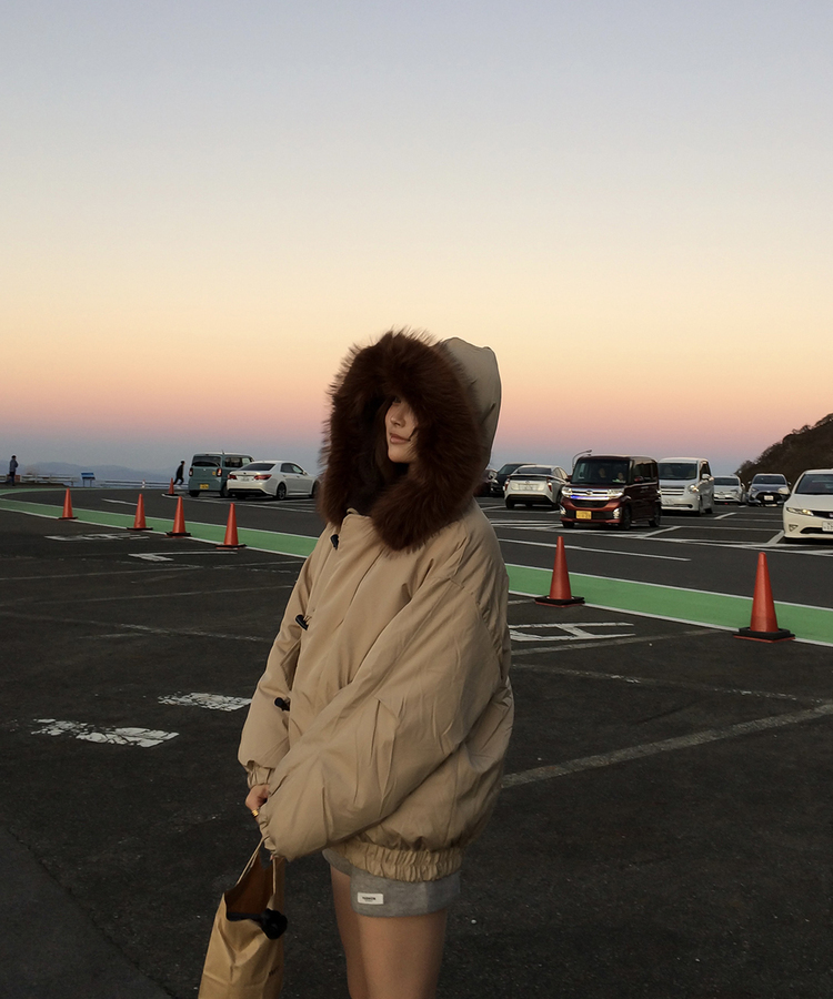 라쿤 양털 후드자켓 털 탈부착 가능 베이지