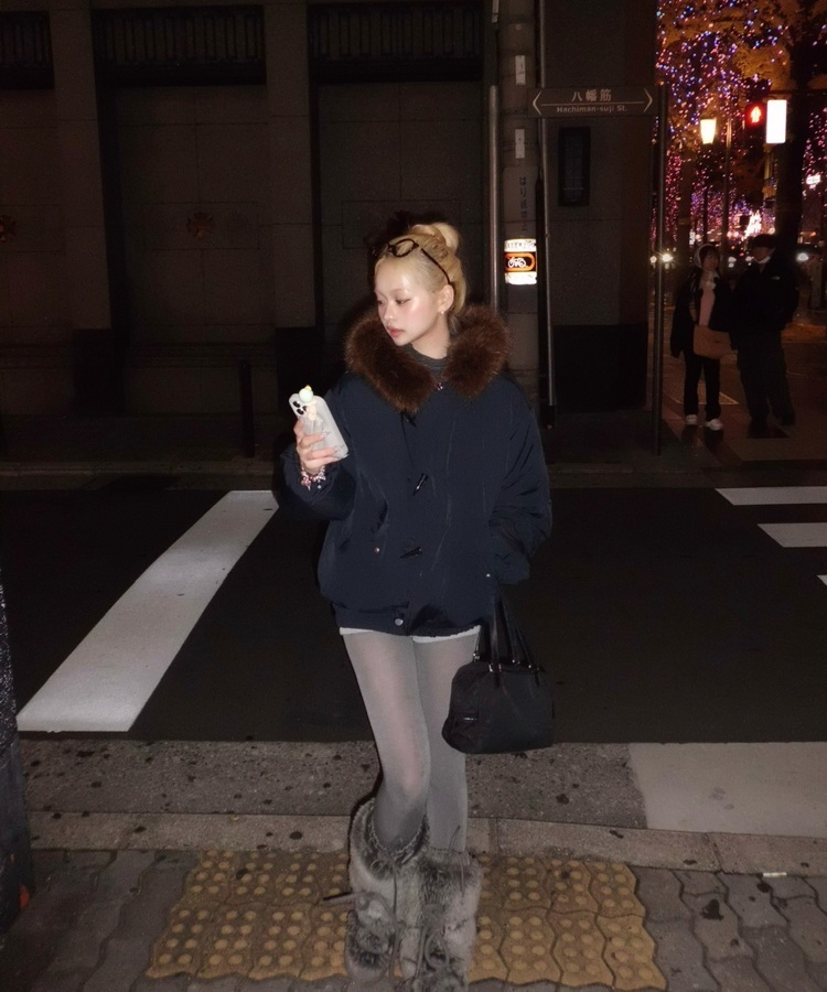 라쿤 양털 후드자켓 털 탈부착 가능 네이비