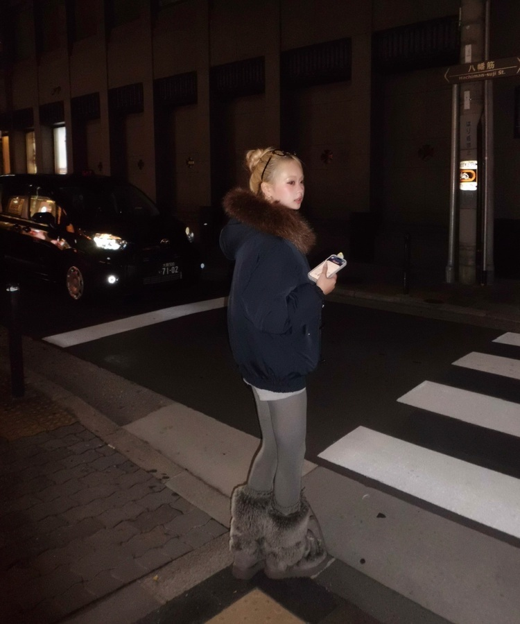 라쿤 양털 후드자켓 털 탈부착 가능 네이비