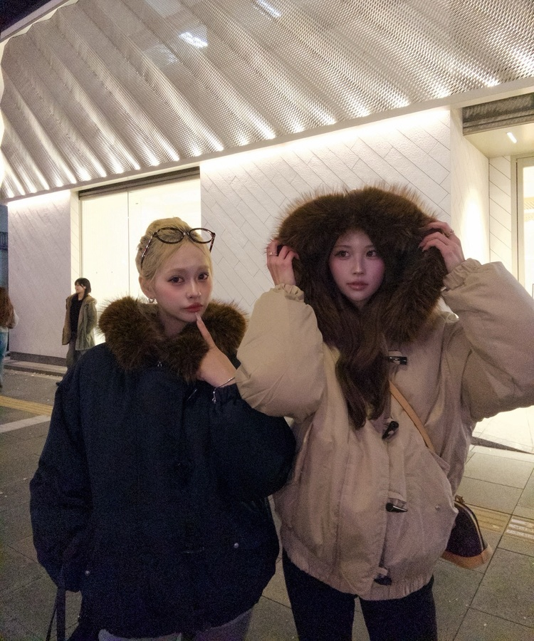 라쿤 양털 후드자켓 털 탈부착 가능 베이지