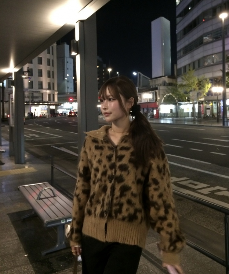 호피 지퍼 가디건 카멜