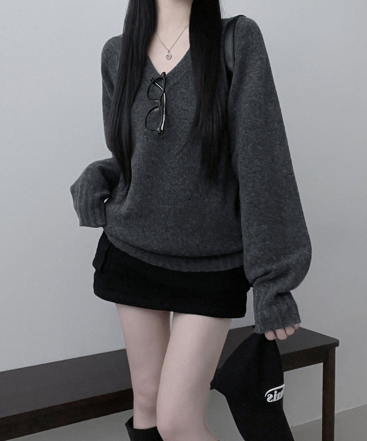 브이넥도톰무지나그랑루즈핏울니트 차콜