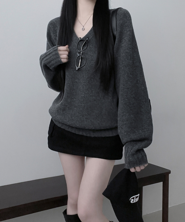 브이넥도톰무지나그랑루즈핏울니트 차콜