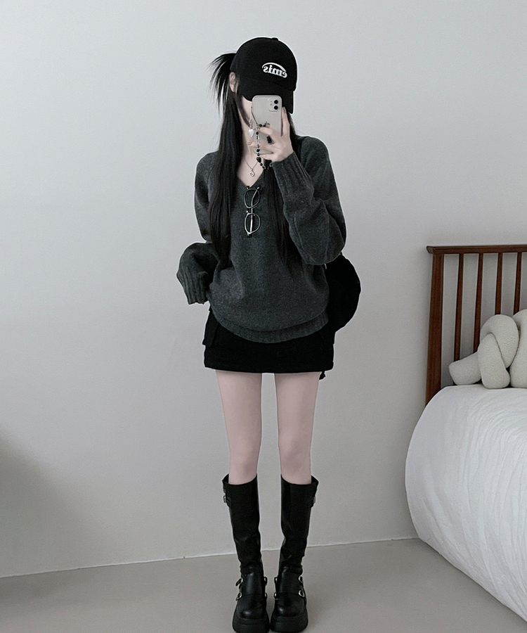 브이넥도톰무지나그랑루즈핏울니트 차콜