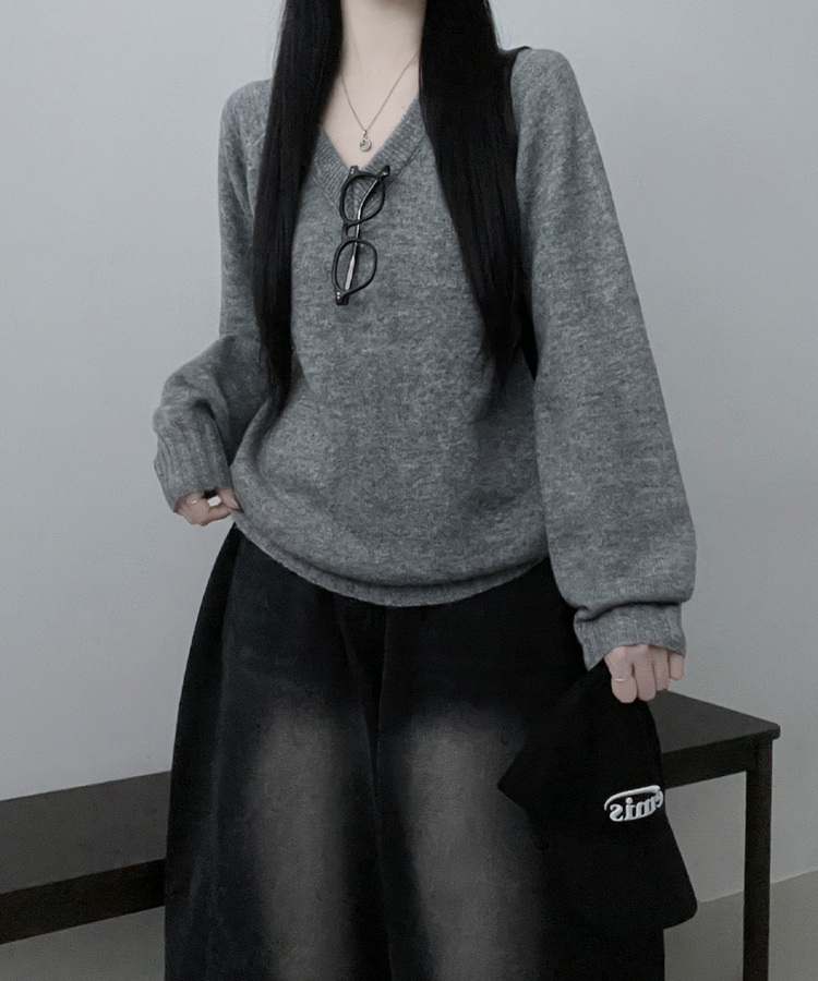 브이넥도톰무지나그랑루즈핏울니트 그레이