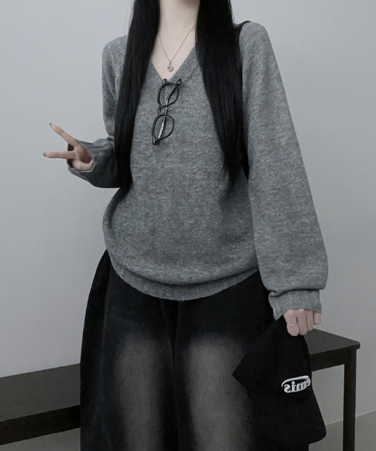 브이넥도톰무지나그랑루즈핏울니트 그레이