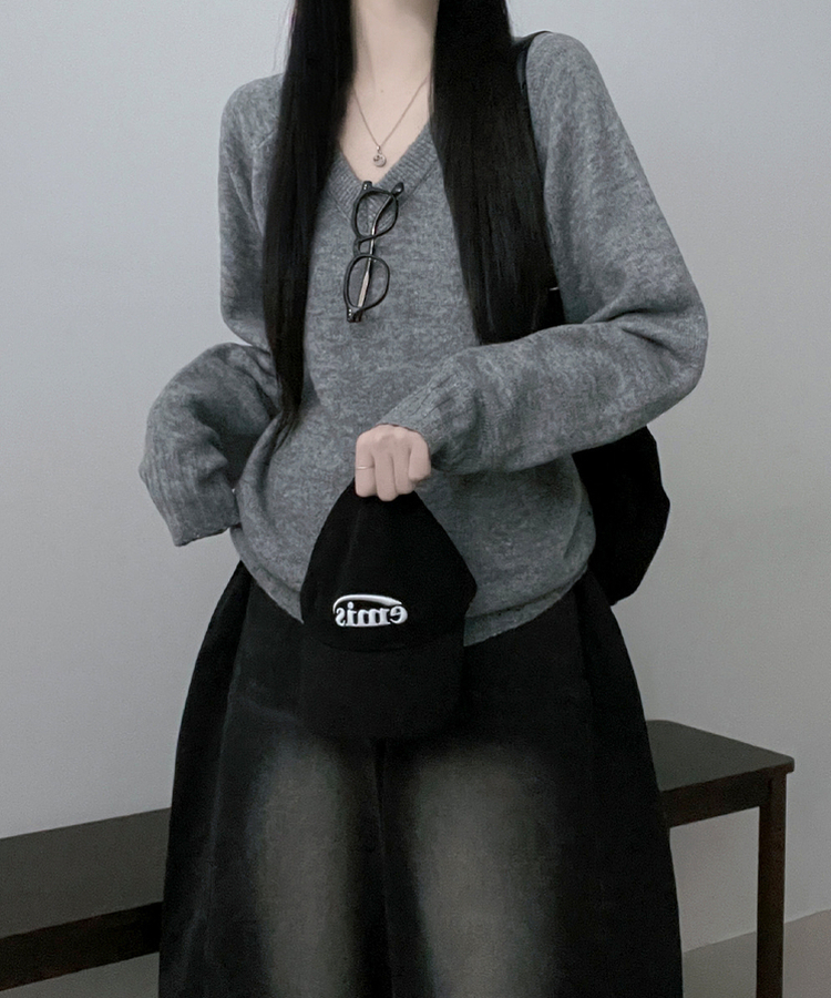 브이넥도톰무지나그랑루즈핏울니트 그레이