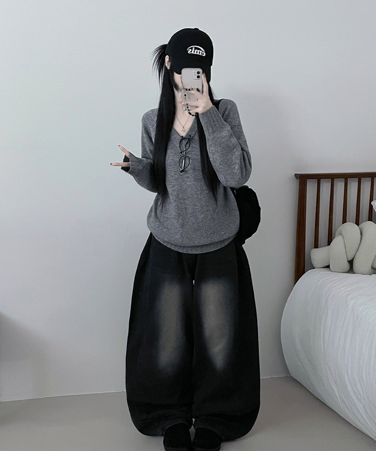 브이넥도톰무지나그랑루즈핏울니트 그레이