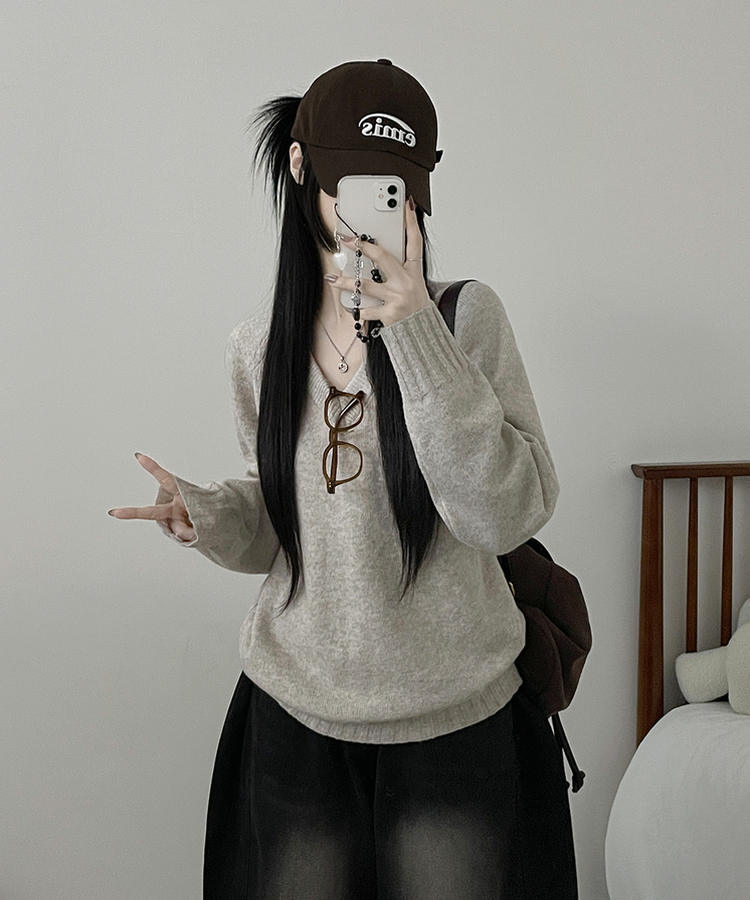 브이넥도톰무지나그랑루즈핏울니트 베이지