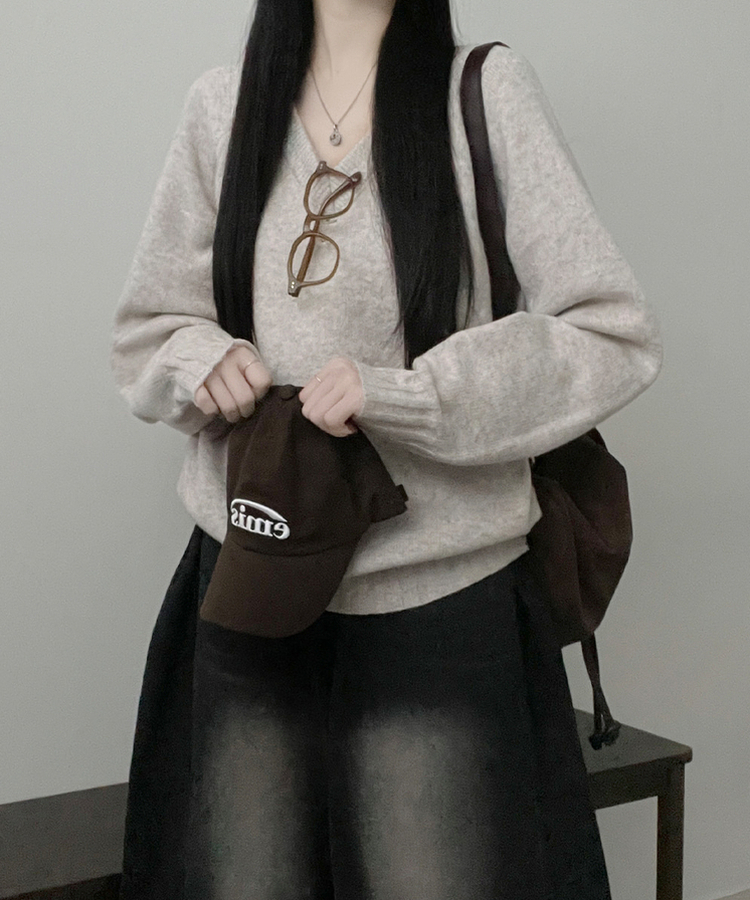 브이넥도톰무지나그랑루즈핏울니트 베이지