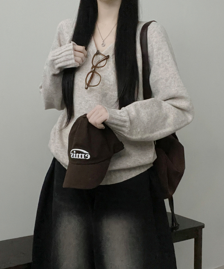 브이넥도톰무지나그랑루즈핏울니트 베이지