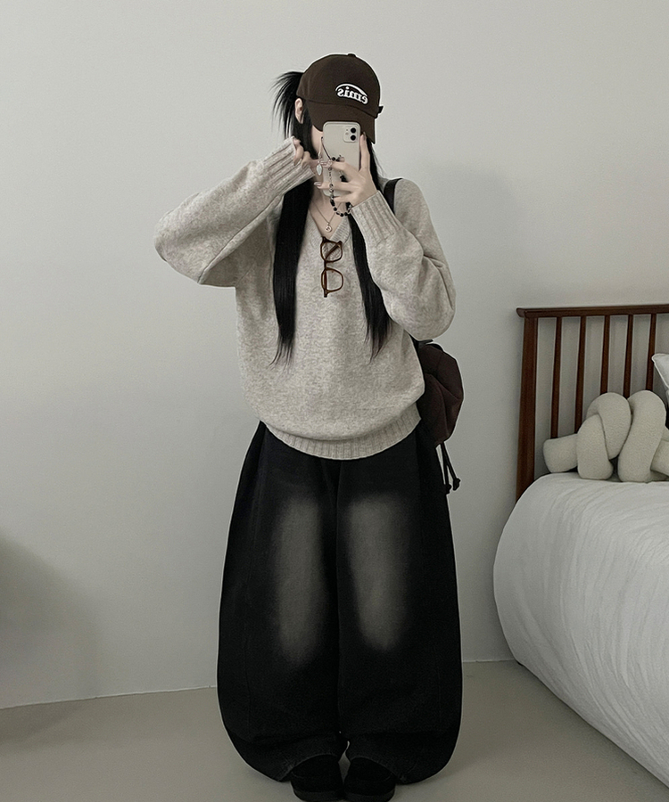 브이넥도톰무지나그랑루즈핏울니트 베이지