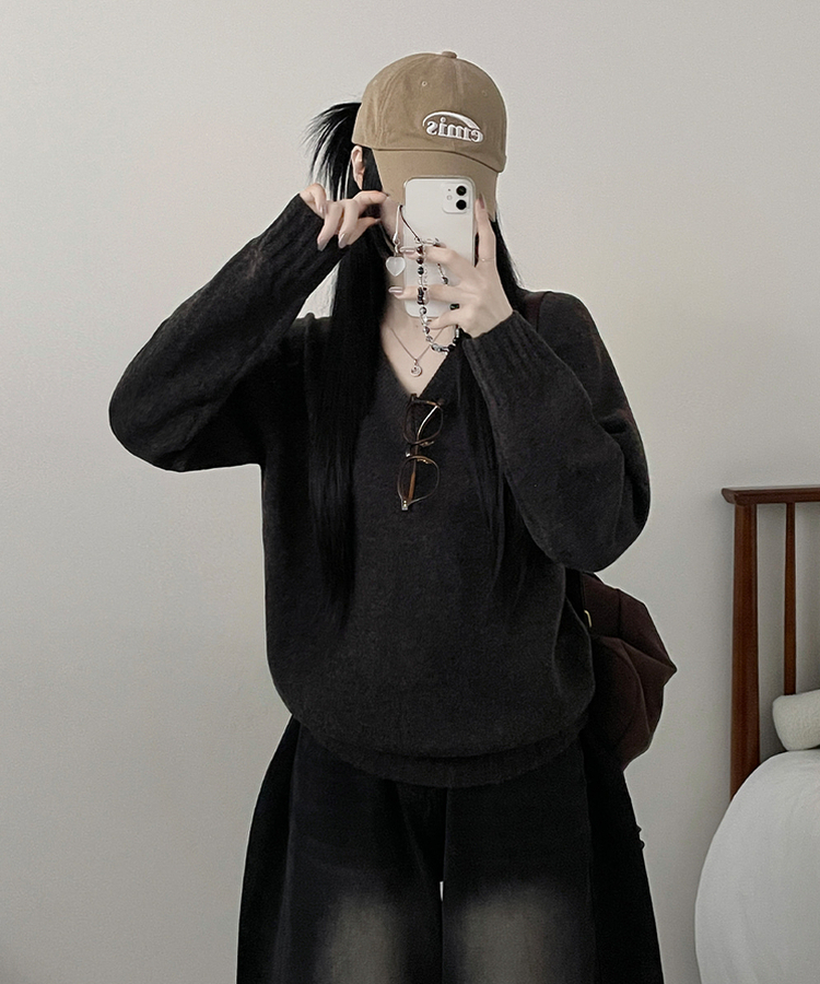 브이넥도톰무지나그랑루즈핏울니트 브라운