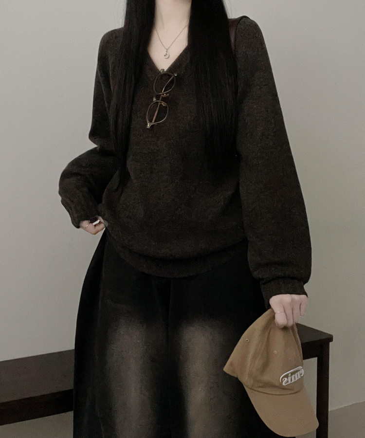 브이넥도톰무지나그랑루즈핏울니트 브라운