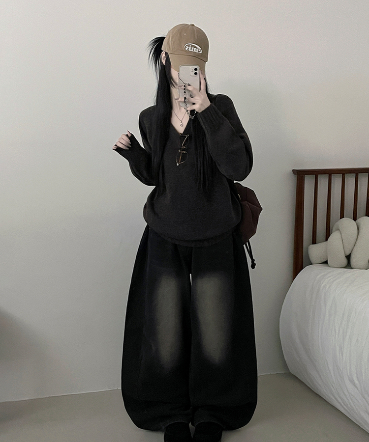 브이넥도톰무지나그랑루즈핏울니트 브라운