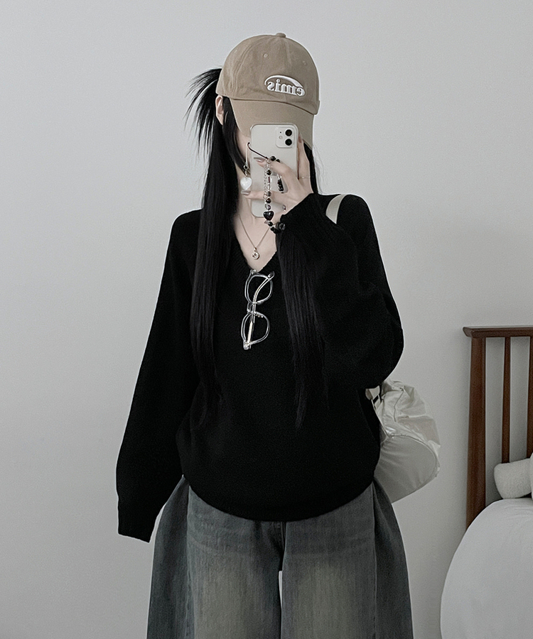 브이넥도톰무지나그랑루즈핏울니트 블랙