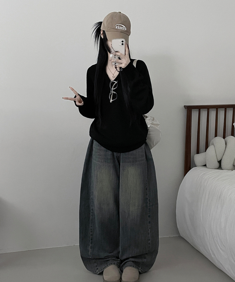 브이넥도톰무지나그랑루즈핏울니트 블랙