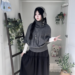 달빛천사 자수 꽈배기 빈티지 대장 모리걸 실버버튼 판초 터틀넥 케이프 망토 니트 그레이