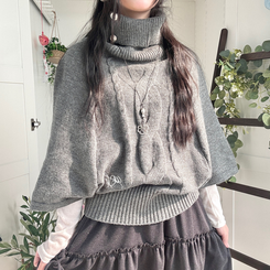 달빛천사 자수 꽈배기 빈티지 대장 모리걸 실버버튼 판초 터틀넥 케이프 망토 니트 그레이