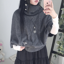 달빛천사 자수 꽈배기 빈티지 대장 모리걸 실버버튼 판초 터틀넥 케이프 망토 니트 그레이