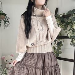 달빛천사 자수 꽈배기 빈티지 대장 모리걸 실버버튼 판초 터틀넥 케이프 망토 니트 베이지