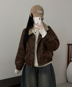 초코브라운스웨이드레더양털카라무스탕자켓점퍼 브라운