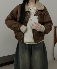 초코브라운스웨이드레더양털카라무스탕자켓점퍼 브라운