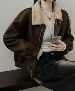 초코브라운스웨이드레더양털카라무스탕자켓점퍼 그린