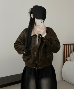 초코브라운스웨이드레더양털카라무스탕자켓점퍼 그린