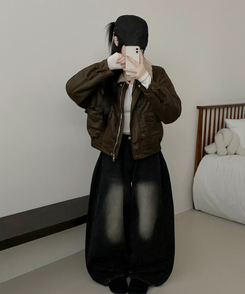 초코브라운스웨이드레더양털카라무스탕자켓점퍼 그린