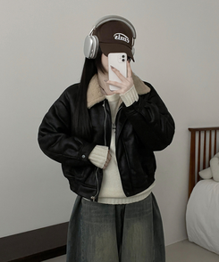 초코브라운스웨이드레더양털카라무스탕자켓점퍼 블랙