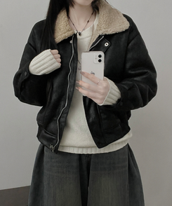 초코브라운스웨이드레더양털카라무스탕자켓점퍼 블랙