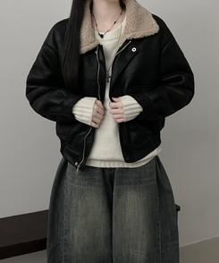 초코브라운스웨이드레더양털카라무스탕자켓점퍼 블랙