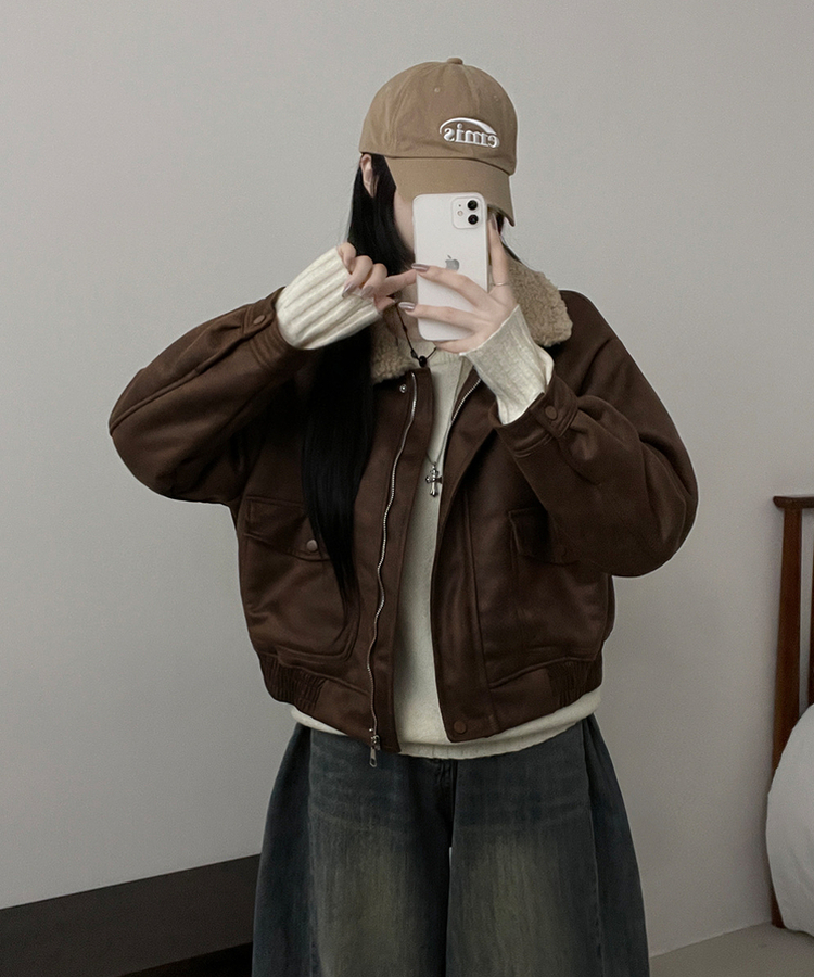 초코브라운스웨이드레더양털카라무스탕자켓점퍼 브라운